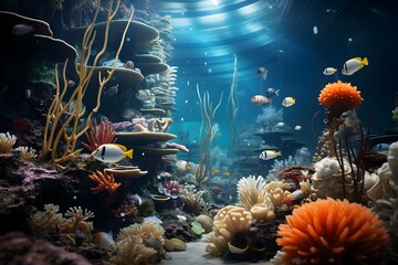 Underwater scene with corals and tropical fish. Panorama.