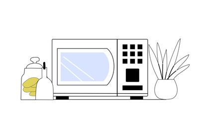 Close up kitchen interior composition of microwave oven, jars and flower pot standing on the table. Outline drawing with minimal colourful parts.