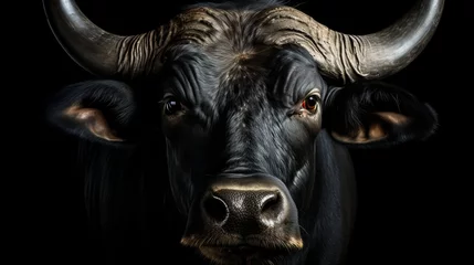 Poster Majestic african buffalo close up portrait isolated on dark black background with dramatic lighting © Ilja