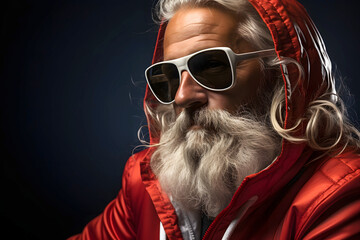 fashionable respectable man with a white beard, glasses and red clothes. portrait of a metrosexual and a successful man