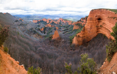 Panoramic view of the landscape of Las Medulas. Ancient Roman gold mines. Heritage of humanity by unesco. Spain
