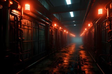 Futuristic dark corridor with glowing lights, 3d render illustration