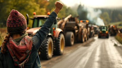 A 30-year-old woman shouting slogans with her fist raised. Road blocked by angry farmers tractors.