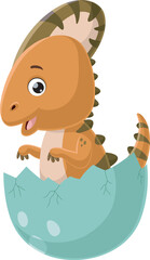 Cute baby parasaurolophus cartoon hatching from egg