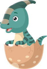 Cute baby parasaurolophus cartoon hatching from egg