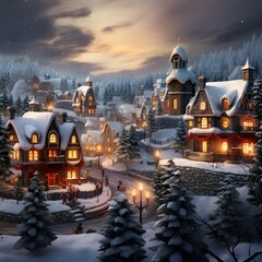 Winter village with houses and trees in the snow at night, digital painting