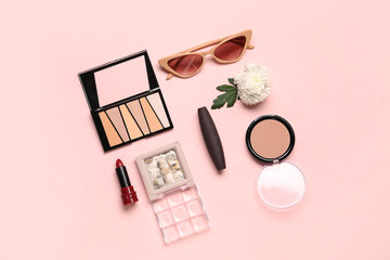 Composition with makeup products and beautiful flower on pink background - obrazy, fototapety, plakaty