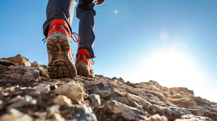 Footsteps of climbers wearing shoes walking over a rocky mountain landscape and a beautiful sunset view in the background. seen from behind