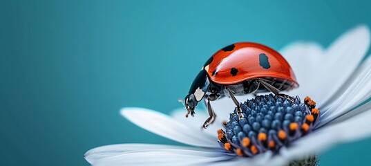 Ladybug on white flower in bright spring minimalistic abstract background with copy space