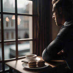 Hombre mirando por una ventana sentado frente a una mesa en la que hay una taza de café y dos galletas con crema - obrazy, fototapety, plakaty