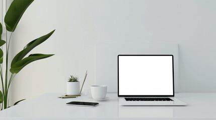 Desk background with blank computer screen. Workspace with mockup blank screen laptop computer. wallpaper luxury and minimal workspace with blank computer screen - obrazy, fototapety, plakaty