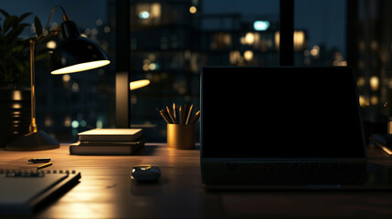 Desk background with blank computer screen. Workspace with mockup blank screen laptop computer. wallpaper luxury and minimal workspace with blank computer screen - obrazy, fototapety, plakaty