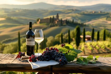Chianti Charm: Amidst the Intense Tuscan Sun, a Table Radiates Elegance with a Chianti Classico Bottle, a Classic Wine Glass, and a Cluster of Sangiovese Grapes.

 - obrazy, fototapety, plakaty