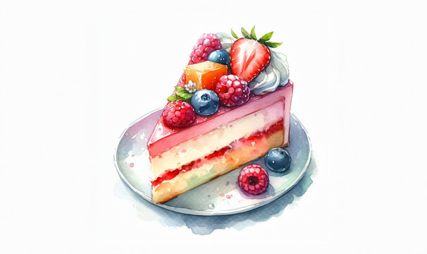 Piece of cake with fruits watercolor painting 
