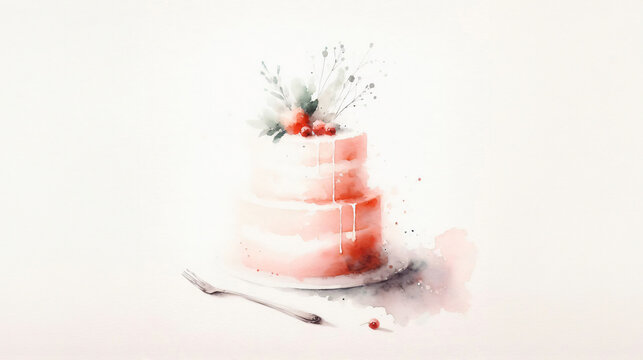 Strawberry cake isolated in white background watercolor painting 