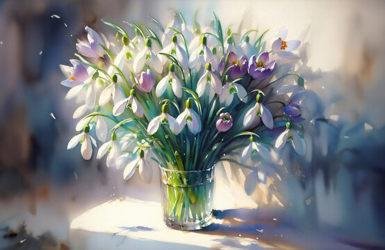 Bouquet of snowdrops flowers in vase watercolor painting 
