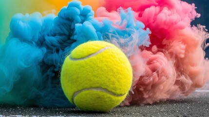Vibrant tennis ball with eye catching colorful smoke trail emerging on dark background - obrazy, fototapety, plakaty