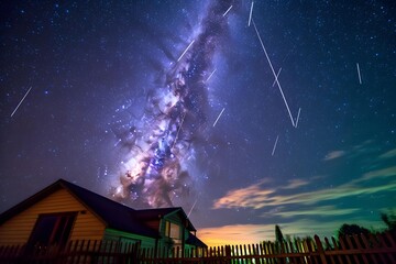 Night sky with stars and milky way over house, panorama