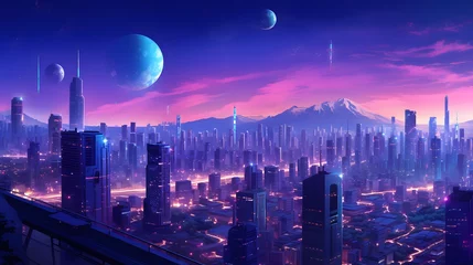 Rolgordijnen Futuristic city in the night with a view of the mountains © Iman
