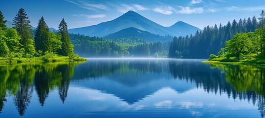 Majestic panoramic view of serene alpine lake with misty foggy mountain background