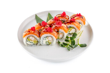 European roll with salmon and shrimp on a white background studio shooting 2