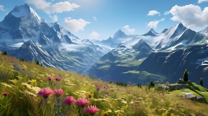 Panoramic view of the Swiss alps in summer with flowers