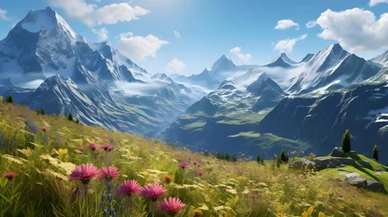 Fototapeten Panoramic view of the Swiss alps in summer with flowers © Iman