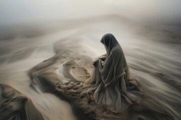  a woman in a dark cloak surrounded by blowing sand