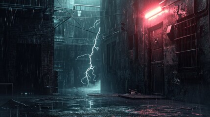 Dark Alley With Red Light Illumination Generative AI