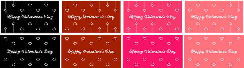 Valentines day border background with hanging pixel art hearts and cursive type typography of Happy Valentines Day text. Vector illustration, black and white, red, maroon, hot pink, pastel pink