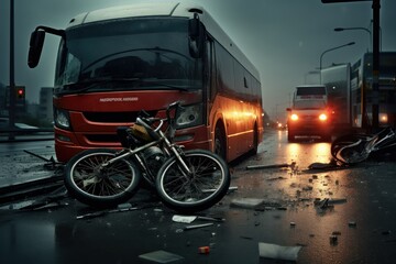 Obraz premium Bus and motorcycle collision on road. Red decker bus damaged by a traffic accident. bike crash. Violation of traffic rules. Road accident.
