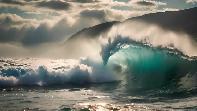 mesmerizing closeup wave breaking underwater, capturing force power water slow motion.