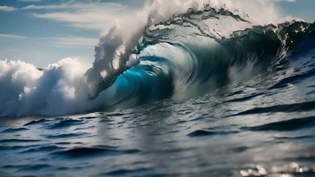 Closeup deep blue wave rolling towards camera, revealing intricate patterns textures water.