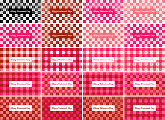 Valentines day checkered pattern background with pixel art hearts and cursive type typography of...