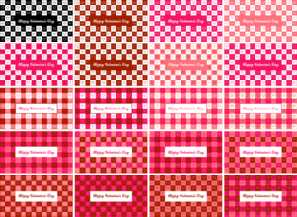 Valentines day checkered pattern background with pixel art hearts and cursive type typography of Happy Valentines Day text. Outline, Vector illustration, in black and white, red, hot pink, pastel