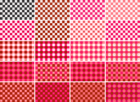 Valentines day checkered pattern background with pixel art hearts. No type. Outline, Vector illustration, in black and white, red, hot pink, pastel