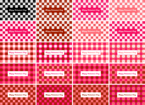 Valentines day checkered pattern background with pixel art hearts and cursive type typography of Happy Valentines Day text. Outline, Vector illustration, in black and white, red, hot pink, pastel