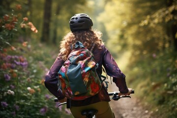 Fototapeta premium Rear view of young woman with backpack riding bicycle in forest. adventure and exploration. traveling and healthy lifestyle concept.