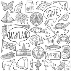 Maryland State Doodle Icons Black and White Line Art. United States Clipart Hand Drawn Symbol Design. - obrazy, fototapety, plakaty