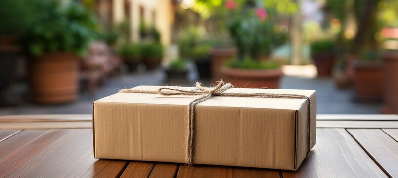 Online shopping delivery service  cardboard parcel box delivered to front door concept