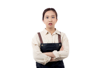 Portrait young asian barista woman wearing apron stress with expression isolated white background,...