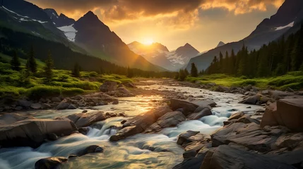 Poster Mountain river at sunset. Panoramic view of a mountain river. Mountain river. © Iman