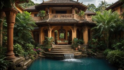 Fototapeta premium Tropical Oasis Picture a luxurious villa nestled in a tropical rainforest, where the sound of a waterfall and the scent of exotic flowers surround you. The interior is adorned