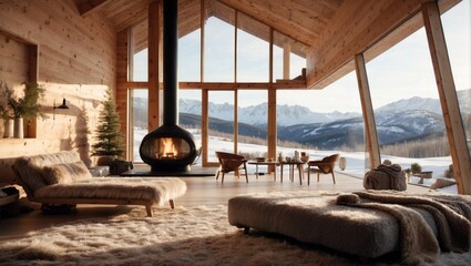 Winter Cabin Nestled in a snowy mountain landscape, this sustainable living space is the perfect retreat for winter months. The interior is filled with warm, natural textures,