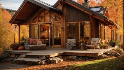 Cozy Autumn Cabin Set against the colorful backdrop of autumn leaves, this sustainable living space invites residents to embrace the change of season. The warm, earthy color palette