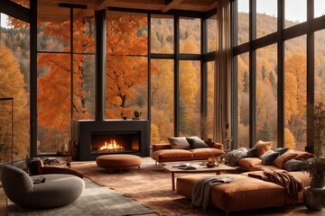 Autumn Retreat in the Mountains This interior visualization features a Scandinavian style living room in a mountain retreat in the fall season. The color palette is inspired by
