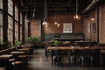 Fototapeta premium Step back in time and into this vintage industrial chic dining room, located in an old warehouse turned trendy restaurant. The exposed pipes and weathered brick walls serve as
