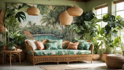 Schilderijen op glas Escape to a tropical oasis with a cottage core twist. Vibrant botanical prints adorn the walls, while wicker furniture and hanging plants bring the outside in. Sunsoaked mornings © DigitalSpace