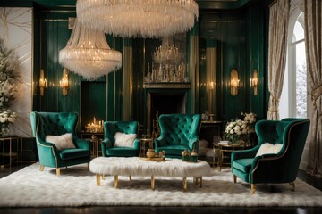 Winter Lounge Walking into this Art Deco inspired lounge, you are immediately transported to a winter wonderland. The walls are covered in dramatic silver and white geometric
