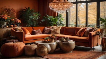 Fototapeta premium Autumn Oasis Picture a living room in the midst of an autumn forest. The walls are a rich, burnt orange with accents of gold and copper. The furniture is a mix of bold, jeweltoned
